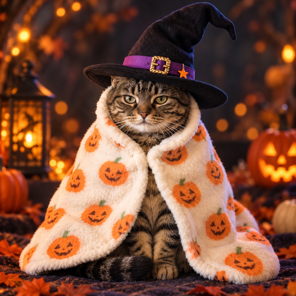 boocat, a tabby witch cat in a pumpkin blanket